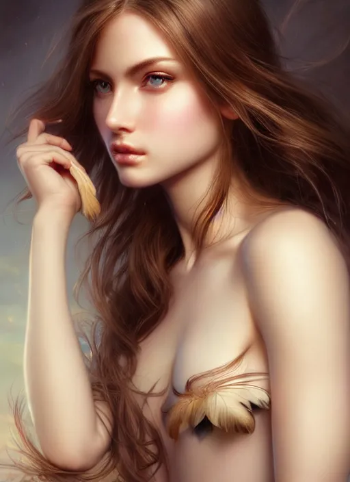 Image similar to a gorgeous female photo, professionally retouched, award winning, hyperdetailed, photorealistic, soft lighting, feather hair, realistic, smooth face, perfect eyes, wide angle, sharp focus on eyes, 8 k high definition, insanely detailed, intricate, elegant, art by artgerm and greg rutkowski and j scott campbell