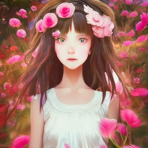 Image similar to little girl with flowers in hair wearing an white dress. art by ilya kuvshinov, profile picture, inspired in hirohiko araki, realistic, highly detailed, 8 0 s anime art style