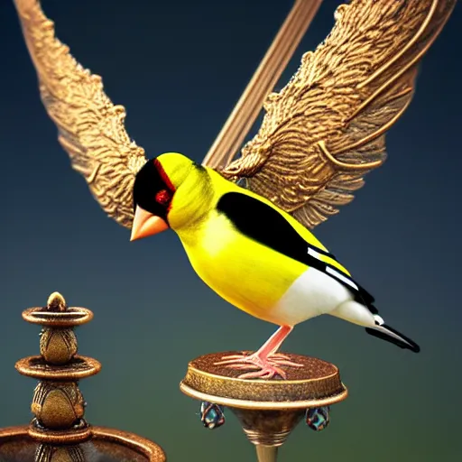 Image similar to goldfinch with a message inside is decorated with jewels and hangs from the neck of a valkyrie with armor, in the background you can see the fountain of a park. digital art, fantasy art, photo realistic, dynamic lighting, artstation, poster, volumetric lighting, hyperrealistic, 4 k, award winning