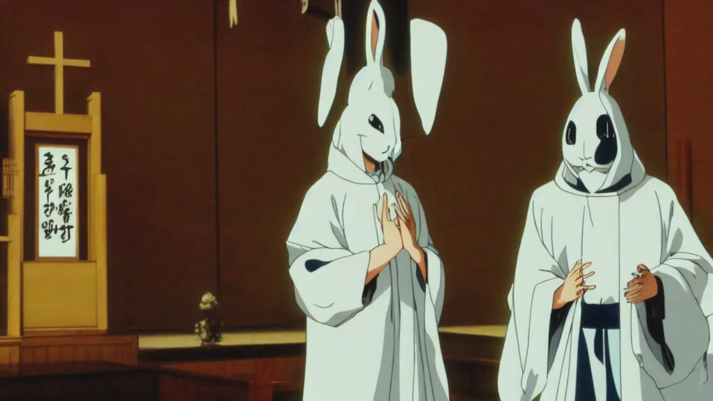 Image similar to a man wearing priest clothes and a white rabbit mask standing in an Japanese church, anime film still from the an anime directed by Katsuhiro Otomo with art direction by Salvador Dalí, wide lens