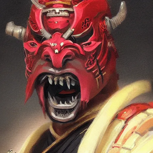 Image similar to A head-on detailed oil portrait of japanese samurai wearing oni mask by greg rutkowski and artgerm, trending on artstation, dungeons and dragons art