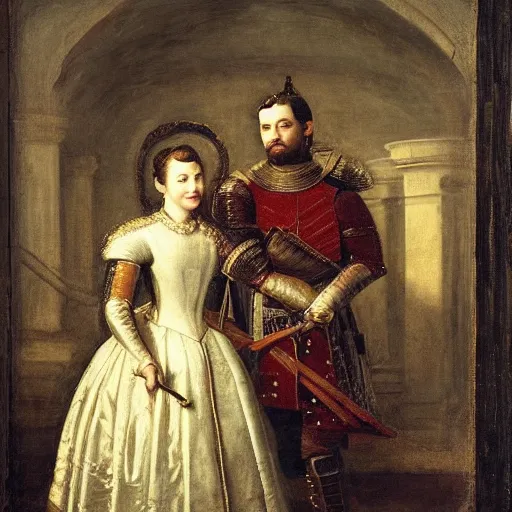 Prompt: Portrait of a knight with his wife, cold lighting,