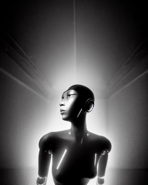 Image similar to black and white high quality photo of a beautiful female AI vegetal-cyborg looking into a sci-fi mirror, volumetric lighting, liminal space, brutalism, foggy, dreamy, hyperdetailed, bokeh, photorealistic, cinematic, masterpiece, Metropolis, elegant, dark, by Man Ray in the style of Horst P. Horst, octane render, 8K,