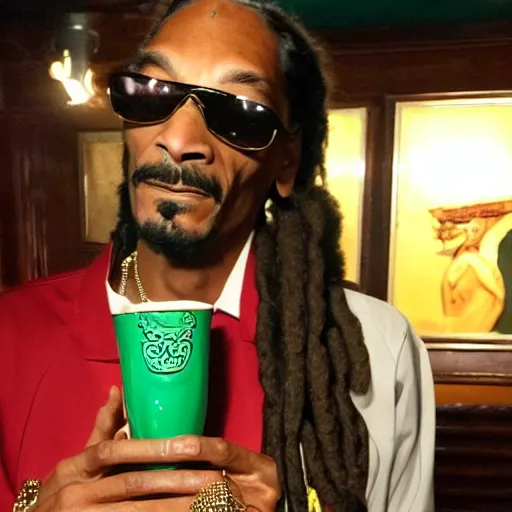 Image similar to snoop dogg at trader vic's bar holding a tiki mug with his face on it