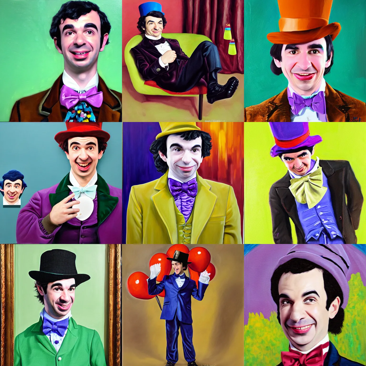 Prompt: portrait of nathan fielder dressed as willy wonka, realistic oil painting