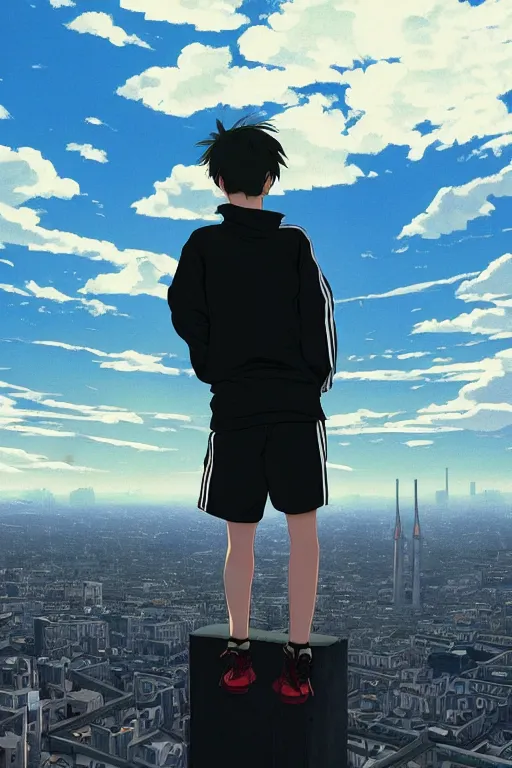 Prompt: sad gopnik boy in black adidas sportswear squating фand looking atop of a urban plateau filled with soviet residential buildings, summer, dreamy, beautiful clouds, birds in the sky, ultra detailed, beautiful lighting, wallpaper, cityscape, beautiful artwork by makoto shinkai