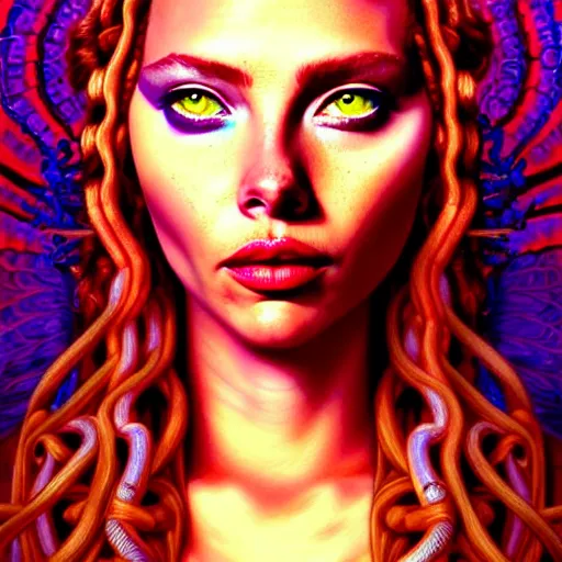 Image similar to an extremely psychedelic portrait of medusa as scarlett johanson, surreal, lsd, face, detailed, intricate, elegant, lithe, highly detailed, digital painting, artstation, concept art, smooth, sharp focus, illustration