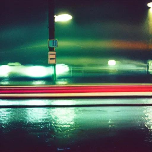 Image similar to “35mm film photography of highways, rain, night, cinestill 800t, grain”