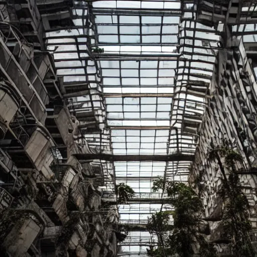 Image similar to of a dystopian city abandoned with debris, nice lighting, building full of plants, futurism, mc Escher, photography, architecture, 8k, detailed