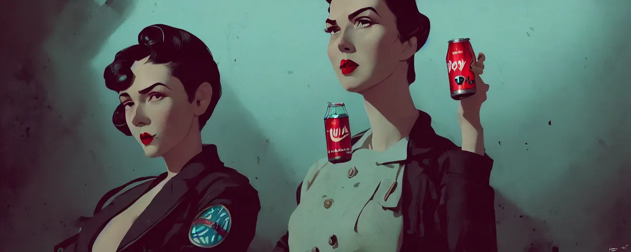 Image similar to duotone noir concept illustration 3 / 4 portrait of female vintage model from fallout 4 advertising nuka cola. accidental renaissance. by sachin teng and sergey kolesov and ruan jia and heng z. graffiti art, scifi, fantasy, hyper detailed. octane render. concept art. trending on artstation