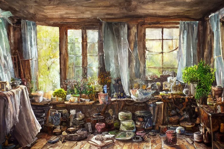 Image similar to expressive rustic oil painting, interior view of a cluttered herbalist cottage, waxy candles, wood furnishings, herbs hanging, light bloom, dust, ambient occlusion, rays of light coming through windows, dim lighting, brush strokes oil painting