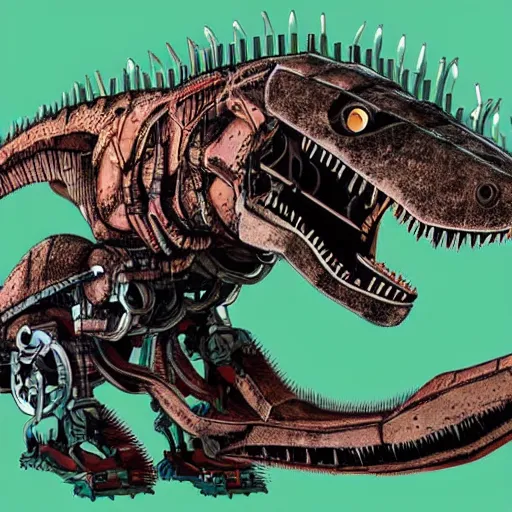 Image similar to a studio ghibli portrait of a robot T-rex made of mechanical parts, minimalist cartoonish psychedelic paleoart, realistic pixar style dinosaur