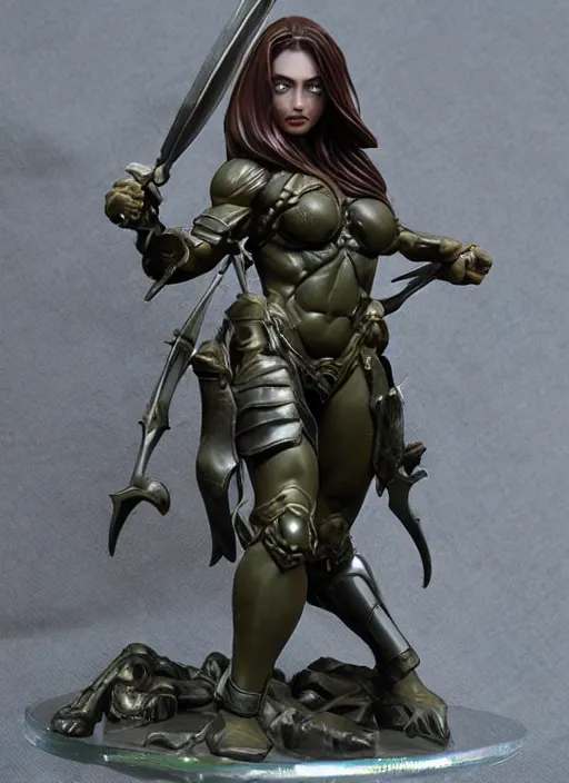 Prompt: 80mm resin detailed miniature of a beautiful muscular female, clothed in worrier armor, olive skin, long dark hair, beautiful bone structure, symmetrical facial features, Product Introduction Photos, 4K, Full body