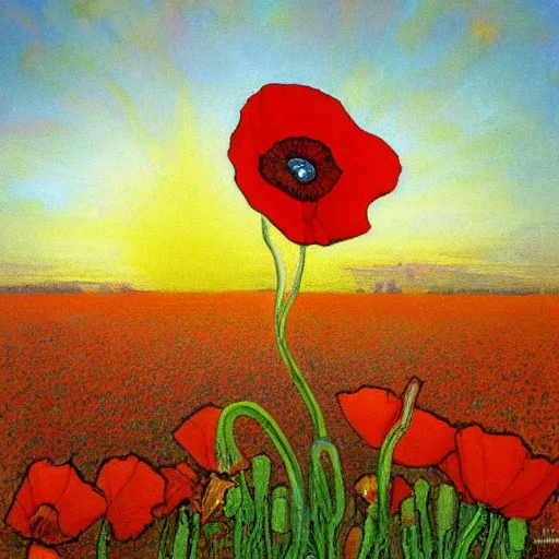 Image similar to a masterpiece painting by alfred mucha : a small white rat taking the sun in a poppy field with a red sunset in the background