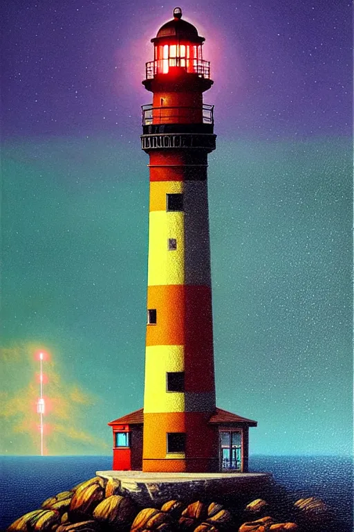 Prompt: a lighthouse in a redwood solar punk vision, overlooking an ocean, oil on canvas by klaus burgle, simon stalenhag, ultra - realistic 3 d depth shading