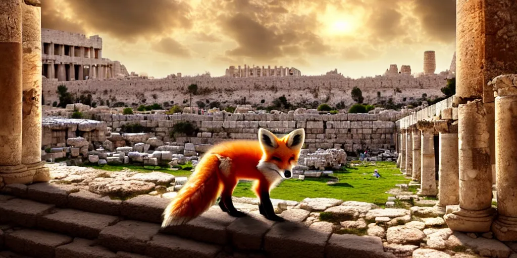 Prompt: a adorable small fox in the huge ruins of the second temple in jerusalem in the distance. the third temple hovers quietly hiding in the dreamy clouds above. a hooded bearded old man in a brown tunic laughing, colorful 8 k, art station, intricate superb details, digital art, illusion painting hidden temple.
