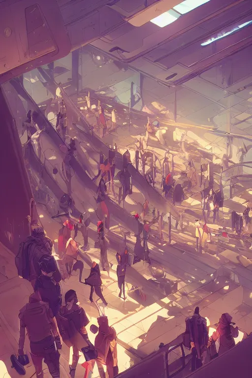 Prompt: inside a crowded dystopian airport behance hd artstation by jesper ejsing, by rhads, makoto shinkai and lois van baarle, ilya kuvshinov, ossdraws, that looks like it is from borderlands and by feng zhu and loish and laurie greasley, victo ngai, andreas rocha