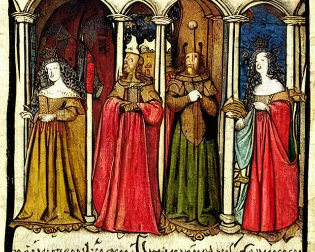 Image similar to lancelot and the four queens, medieval illustration,