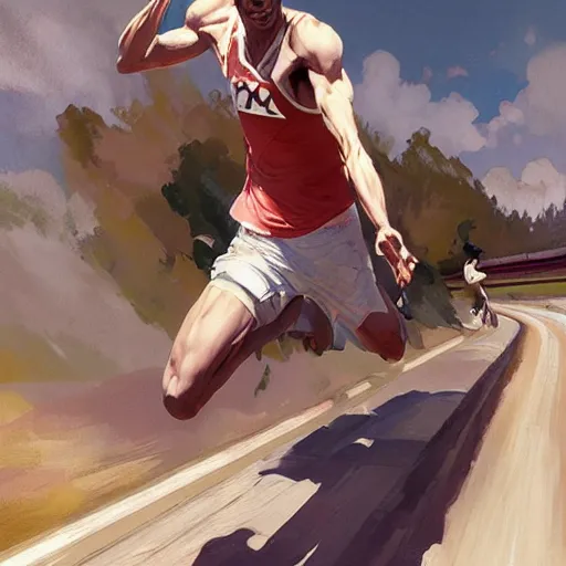 Prompt: cinematic painting of qwop!!!!!!!!!!!!!!!!! running down the track, art by krenz cushart and artem demura and alphonse mucha