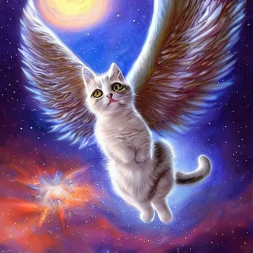 Image similar to cute cat flying with angel wings, fantasy, cosmos, tony sart