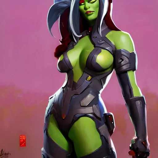 Image similar to greg manchess portrait painting of armored gamora as overwatch character, medium shot, asymmetrical, profile picture, organic painting, sunny day, matte painting, bold shapes, hard edges, street art, trending on artstation, by huang guangjian and gil elvgren and sachin teng