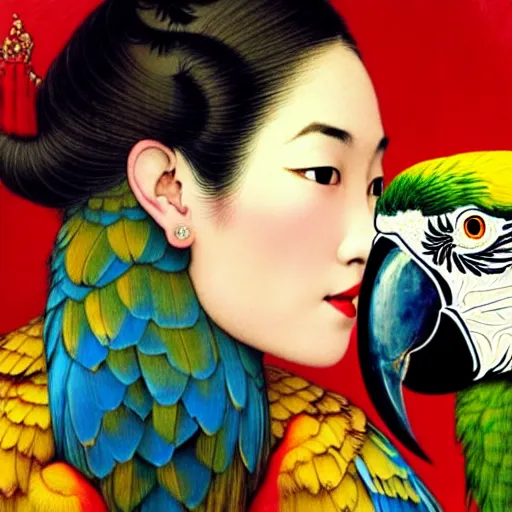 Prompt: close up portrait of the elegantly beautiful, sophisticated, slender rich vietnamese queen and her macaw parrot. intricate eye detail focus, baroque, batik, by norman rockwell, range murata jeremy lipking, trending on pinterest, vivid 8 k, sharp depth of field, pristine global illumination, smooth, 3 d.