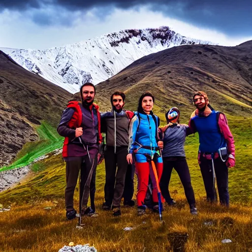 Image similar to of team in Armenia hiking at a weekend and posing with mountains on the background, the word Willow is in view like one in Hollywood, elegant, highly detailed, digital painting, volumetric light, artstation,, smooth, sharp focus, professional photos