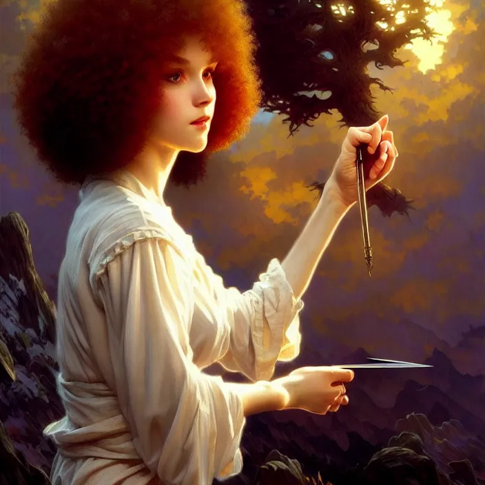 Image similar to Bob Ross, dramatic lighting, fantasy, intricate, elegant, highly detailed, lifelike, photorealistic, digital painting, artstation, illustration, concept art, smooth, sharp focus, art by John Collier and Albert Aublet and Krenz Cushart and Artem Demura and Alphonse Mucha