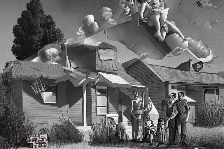 Image similar to a smiling american family sunbathing, abandoned suburbs house, bombs in the sky by davegore and grant wood, 5 0'posters art style, surreal,