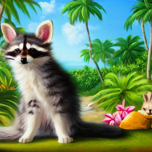 Image similar to cute fluffy hybrid animal cross between kitten, raccoon, and lop eared bunny rabbit sitting on a tropical beach landscape detailed painting 4 k