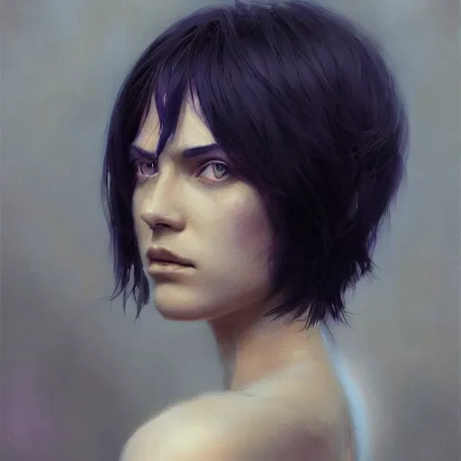 Prompt: melancholic woman portrait, focused on face, short black hair, blue strands, strong wind from left, digitalpaint by greg rutkowski and wlop, unreal engine, 8 k, artstation, deviantart, high aperture, smooth, soft lights, 1 0 5 mm, f 1. 4, dark purple ambient tone, backlit aura