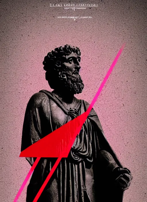 Image similar to dark design poster showing a statue of marcus aurelius, black background with very subtle red and purple design elements, powerful, nekro, vito acconci, thin straight lines, dark, glitch art, neo vaporwave, gritty, layout frame, square, trending on artstation