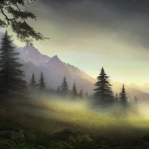 Prompt: beautiful matte painting of a forest at dusk. mountains, fantasy.
