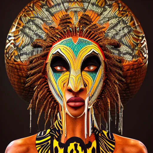 Image similar to a beautiful woman with an african mask, wearing an african dress, shaman, zulu, by alex gray and android jones, karol bak, ilya golitsyn, ayami kojima, amano, moebius, concept art, character design, fantasy, 3 d, 8 k resolution