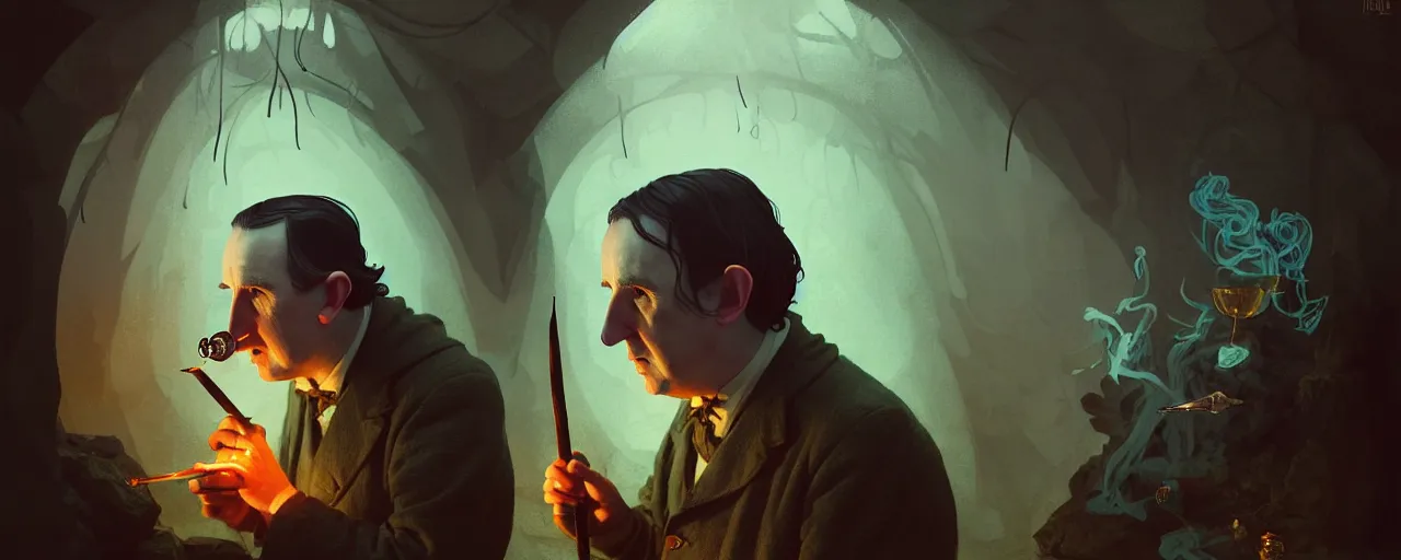 Image similar to duotone concept illustration 3 / 4 portrait of jrr tolkien in hobbit house smoking pipe rustical style. cinematic volumentric lighting. accidental renaissance. by sachin teng and sergey kolesov and ruan jia and heng z. graffiti art, scifi, fantasy, hyper detailed. octane render. concept art. trending on artstation