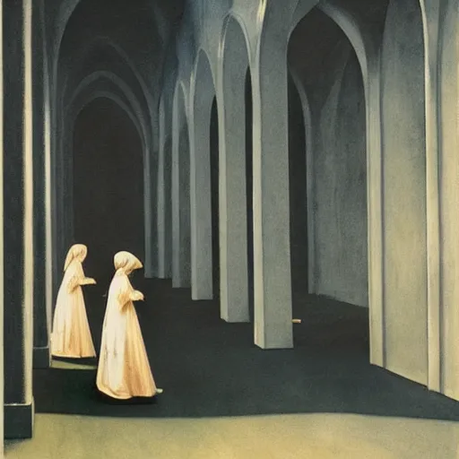Image similar to procession of women in a gothic temple, dripping watercolor by gottfried helnwein, by hammershøi, highly detailed, art nouveau wallpaper, lights by edward hopper, liminal, eerie, pastel colors, limited palette