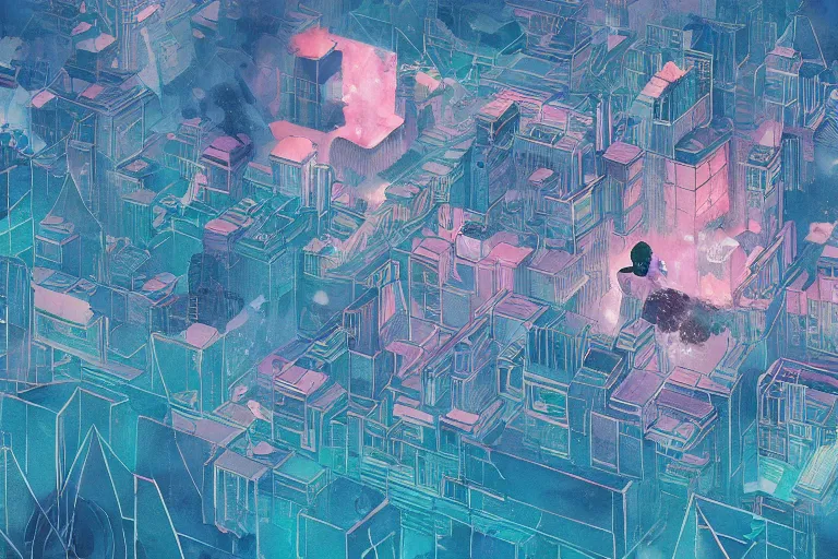 Prompt: smoky watercolor underwater vaporwave city, shattering geometric art by victo ngai