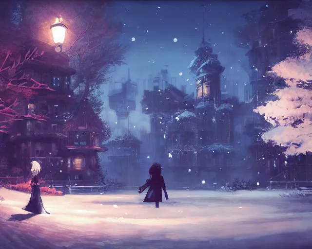 Prompt: scenery artwork, scene beautiful, light!! light essential calm and cozy winter world snow and night, surrealism oil on canvas, artstation!! pixiv!! dream scenery, quality nier : automata projection render, nier automata concept art, vaporwave textures