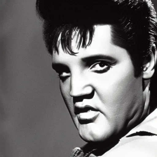 Image similar to fillm still, full body shot of Elvis Presley turned into a zombie, from the TV-series The Walking Death, promotional image, graphic,