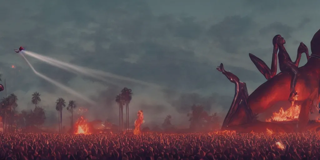 Prompt: realistic cinematic views of a Orwellian Coachella with fires in the background and dead animals falling from the sky in front of the main stage celebrating a large statue of kim kardashian, hyper detailed, terror glows, hyper realistic, digital painting, 8k, 35mm film grain, octane render