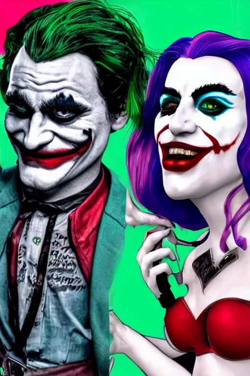 Image similar to joaquin phoenix as joker and lady gaga as harley quinn, remove duplicate content!!!!, violet polsangi pop art, gta chinatown wars art style, bioshock infinite art style, incrinate, realistic anatomy, hyperrealistic, green and purple color, white frame, content balance proportion