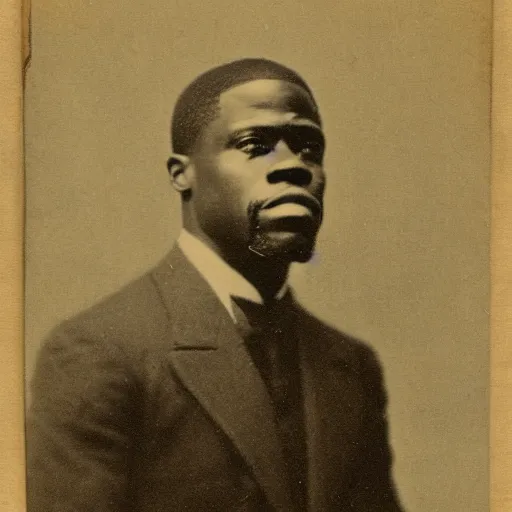 Image similar to photograph of kevin hart, male, 1 9 0 0 s, 1 9 1 0 s, grainy, slightly blurry, faded, realistic face