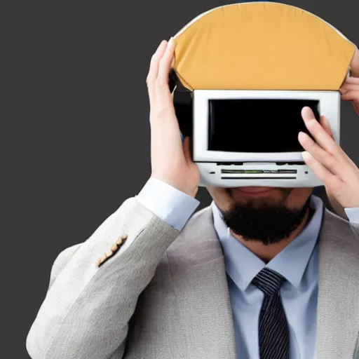 Image similar to a man in a suit wearing a tv on his head, head replaced with a tv, tv covering head