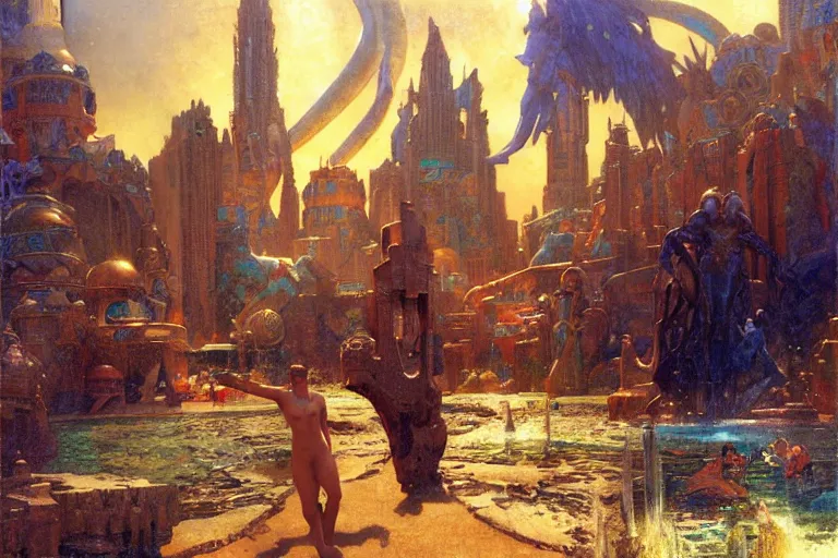 Prompt: atlantis city, painting by gaston bussiere, craig mullins, j. c. leyendecker, tom of finland