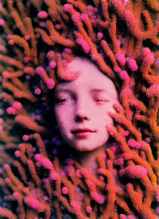 Prompt: realistic photo of a a blurred face of a girl, covered in shriveling dead coral reef, emitting aura 1 9 6 0, life magazine photo, natural colors, metropolitan museum, kodak, 8 k, very detailed, high resolution, product photo,