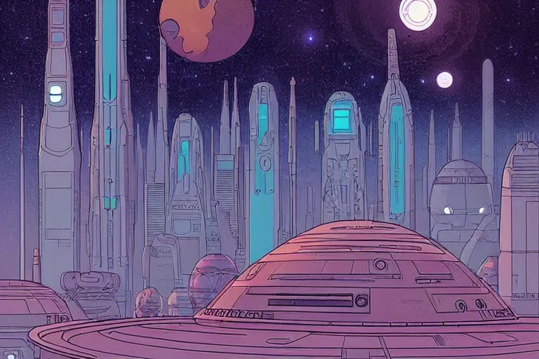 Image similar to a scifi illustration, Night City on Coruscant. flat colors, limited palette, heavy line work moebius in FANTASTIC PLANET La planète sauvage animation by René Laloux