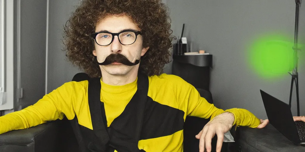 Image similar to french white man with puffy hair, mustache and a green sitting on a black chair in his room looking at the camera, photorealistic, webcam, yellow lightning