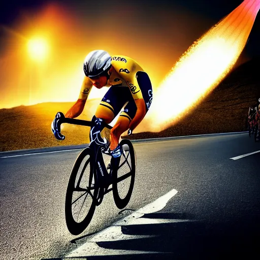 Prompt: sport photography of lance amstrong biking on the tour de france ( tdf ) with a huge lit rocket on his back, motion blur, 8 0 mm, f 4. 0, golden hour, trending on artstation, hyper realistic