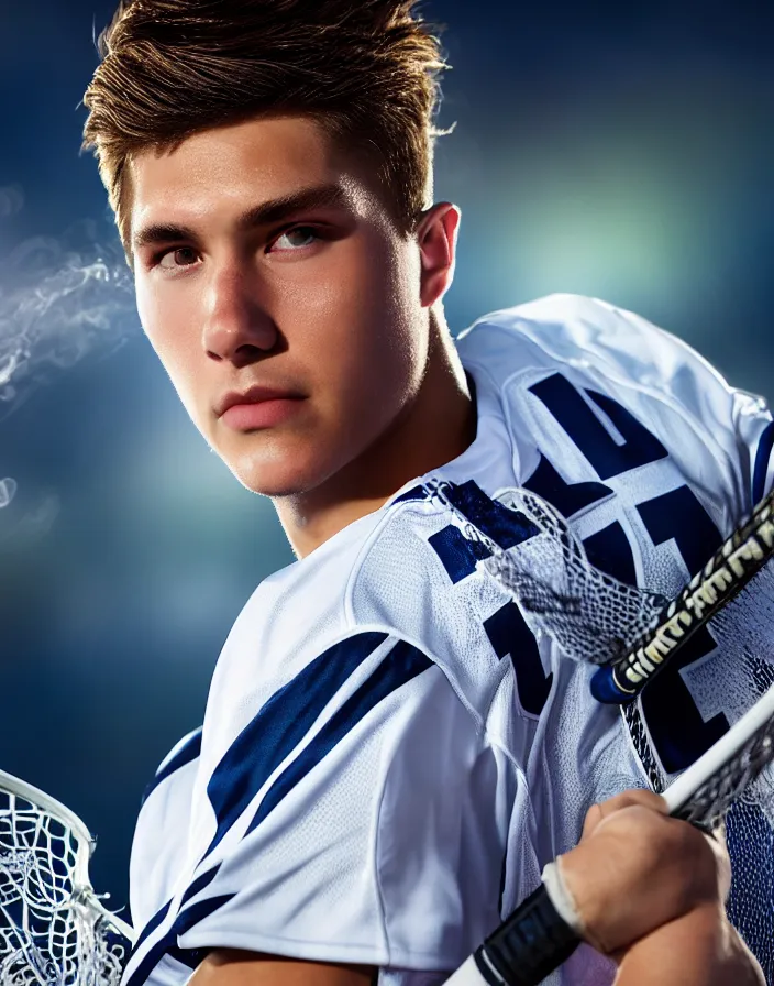 Image similar to closeup portrait of very beautiful cute male lacrosse player in a penn state stadium, glamour pose, particle effects, backlit, highly detailed, soft ambient lighting, sharp focus, rule of thirds, artgerm, wlop, arney freytag, rossdraws, frank frazetta, andrei riabovitchev, hd, octane, 4 k