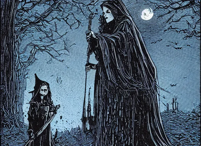 Prompt: blue woodcut print, halloween witch in graveyard at midnight by greg rutkowski, fine details, highly detailed